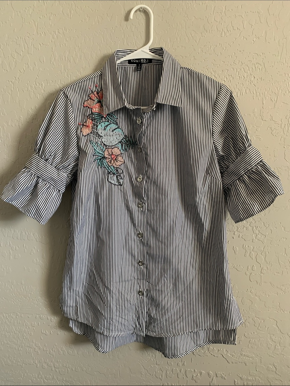 Kontrol Grey & White Striped Button Down Shirt with Floral Embroidery